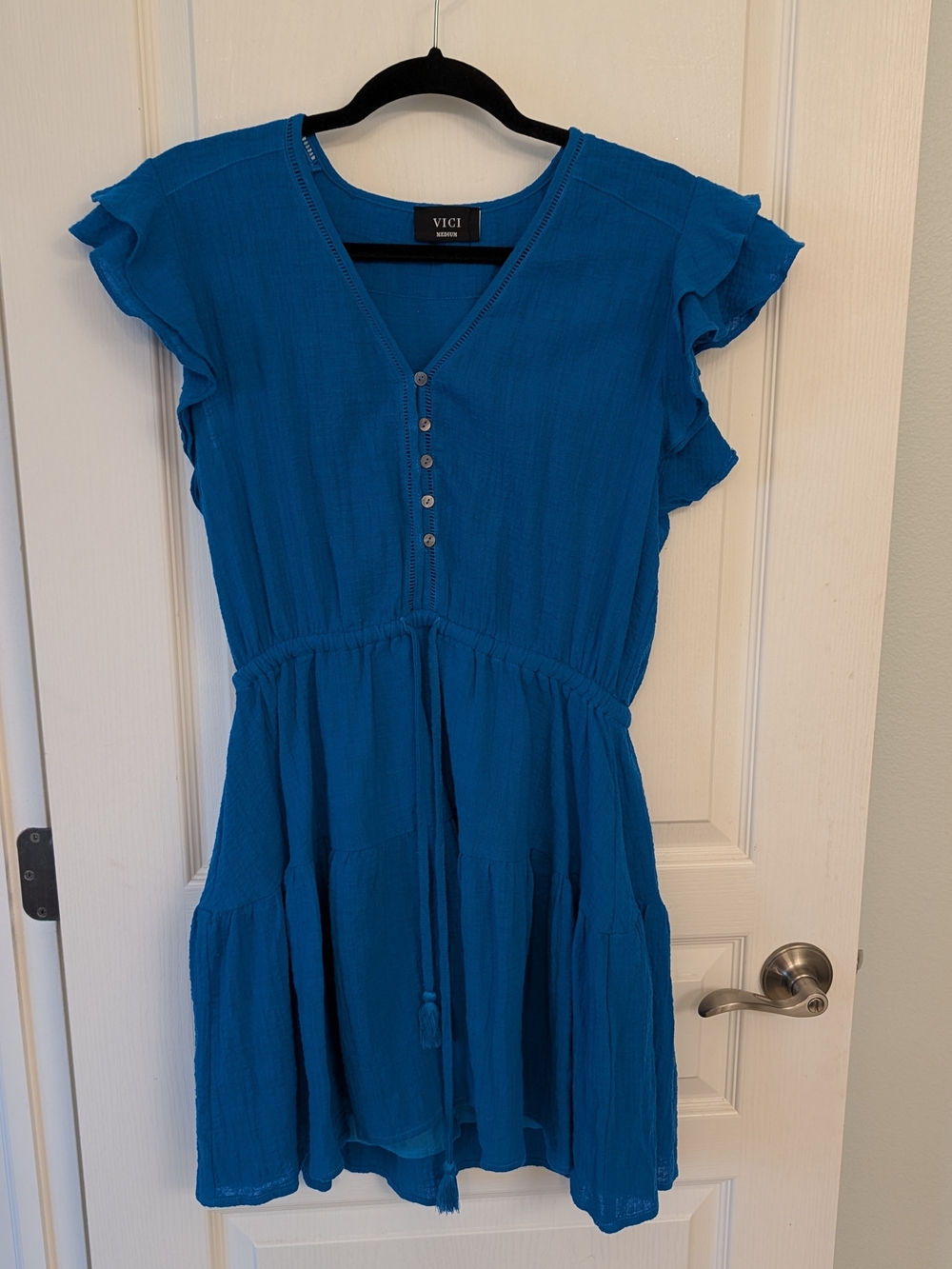 VICI Electric Blue Button-Front Mini Dress with Ruffle Sleeves